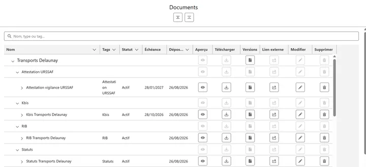 Arbre documentaire de gedone : les documents groupés par tag, avec statut, échéance et date de dépôt