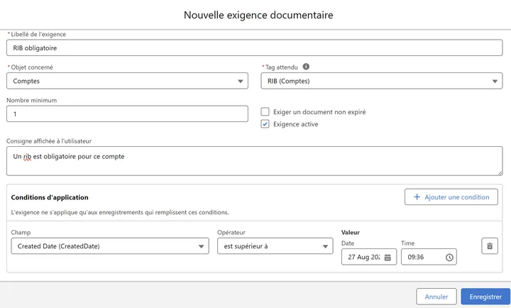 Écran de création d'une exigence documentaire dans gedone : objet, pièce attendue, nombre minimum et conditions