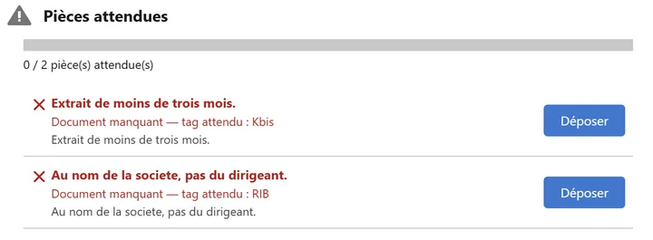 Bloc « Pièces attendues » sur une fiche gedone, avec deux documents manquants et leur bouton de dépôt