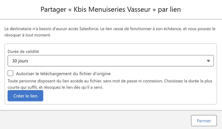 Fenêtre de création d'un lien de partage dans gedone, avec la durée de validité et l'option de téléchargement