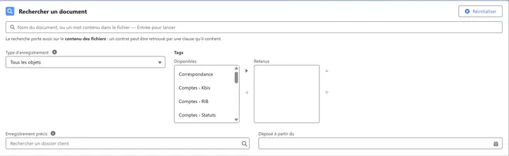 Formulaire de recherche de gedone : mot-clé, type d'enregistrement, tags, dossier client et date de dépôt